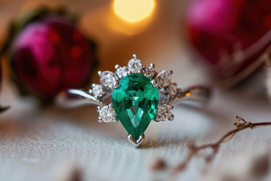 stunning pear cut emerald engagement ring highlighted by sparkling diamonds