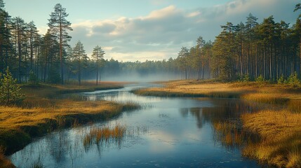 Fototapeta premium Serene River Winding Through a Misty Pine Forest