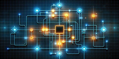 Fototapeta premium Schematic representation of electronic logic gate circuitry, showcasing interconnected components, wires, and symbols, illuminated on a dark background with subtle grid patterns.