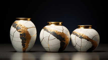 Set of Three Cracked Ceramic Vases with Gold Accents