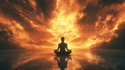 Yoga meditation outdoors. Glowing seven all chakra. sits in a Salute pose on beach sunset view, Kundalini energy
