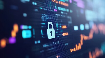 Fototapeta premium A digital padlock symbolizing cybersecurity, surrounded by data graphs and numbers in a dynamic technology background.