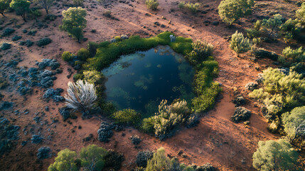 Aerial view of an Outback oasis surrounded by hardy native plants and shrubs thriving in a harsh, arid environment 