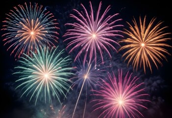 Colorful fireworks exploding over a calm lake with mountains in the background