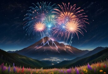 Colorful fireworks exploding over a calm lake with mountains in the background