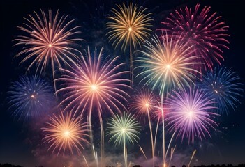 Naklejka premium Colorful fireworks exploding over a calm lake with mountains in the background