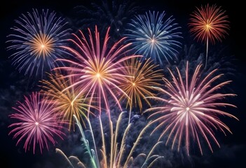 Fototapeta premium Colorful fireworks exploding over a calm lake with mountains in the background