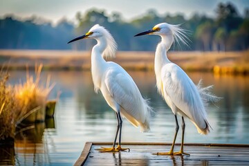 Naklejka premium Serenely perched on a weathered wooden dock, a pair of snowy white egrets with delicate feathers and slender necks gaze out at a tranquil lake scene.