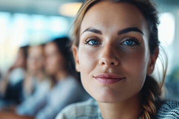 young woman shows interest while listening to presentation by entrepreneurs in office