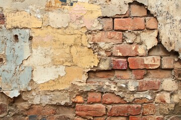 Obraz premium Weathered Brick Wall with Peeling Plaster and Graffiti
