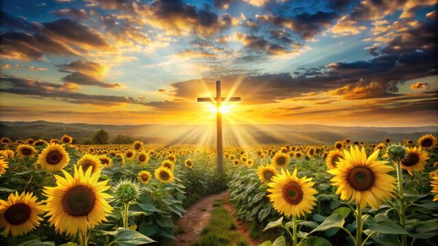 Serenely lit cross amidst sunflowers, gentle rays of light streaming through, symbolizing hope, faith, and divine guidance in a peaceful, idyllic rural landscape setting.