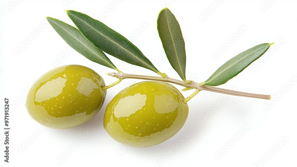 Wall mural Two green olives on a white background