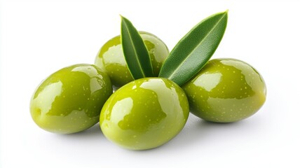 Obraz premium Four green olives with a leaf on top