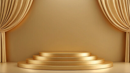 Golden stage podium with curtains backdrop. Perfect for luxury events, product showcases, or elegant presentations.
