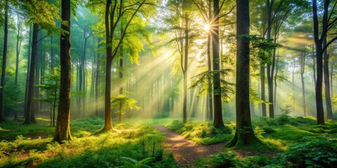 Obraz premium Serene misty forest landscape with warm sunlight filtering through vibrant green foliage and dense trees, creating a tranquil and peaceful atmosphere.