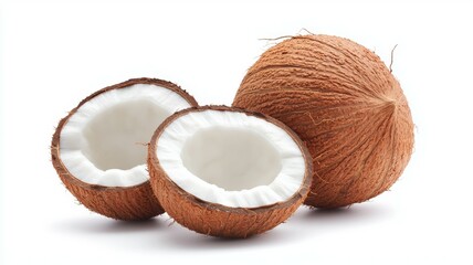 Two halves of a coconut on a white background