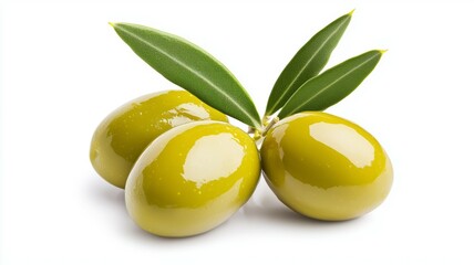 Three green olives with a leaf on top