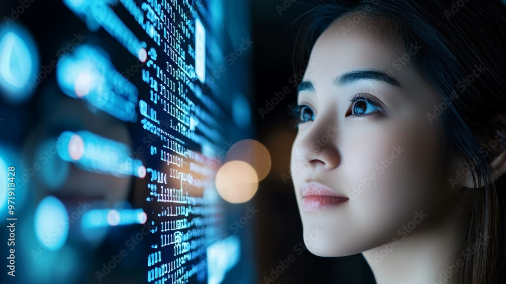Poster a woman is looking at a computer screen with a lot of numbers and letters on it