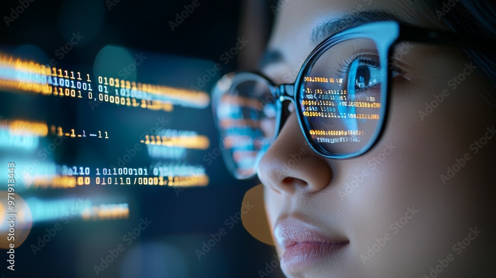 Poster a woman is looking at a computer screen with a lot of numbers and letters