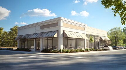Fototapeta premium Modern Retail Store with Awning and Parking Lot