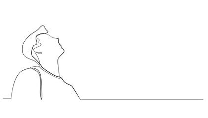continuous line of young man looking up.one line drawing of man curious and looking up.line vector illustration of man fretting and praying.isolated white background