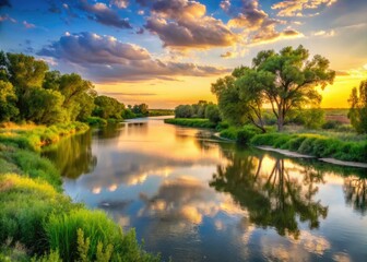 Obraz premium Serene scenic views of the Platte River's tranquil waters, lined with lush greenery and rustic trees, under a warm sun-kissed sky in rural Nebraska.