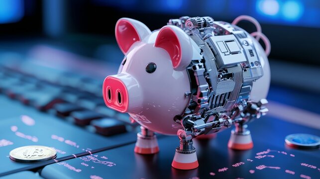 Robotic piggy bank on a digital platform, symbolizing financial technology and cryptocurrency integration.