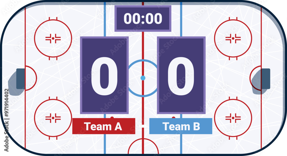 Poster hockey field is showing scoreboard with result and timer displaying zero to zero score during ice ho