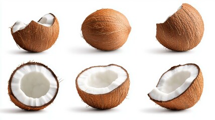 A close up of six different coconuts