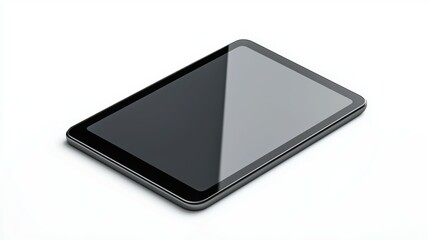 A tablet with a black screen is on a white background