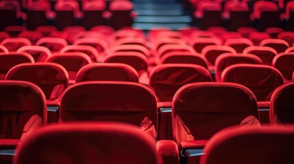 Fototapeta premium Empty red theater seats on an indoor stage. Red seats in an empty auditorium. Concept of audience and performance.