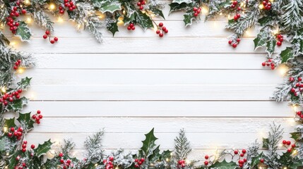 Snowy Christmas holly garland with red berries and lights on white wooden background