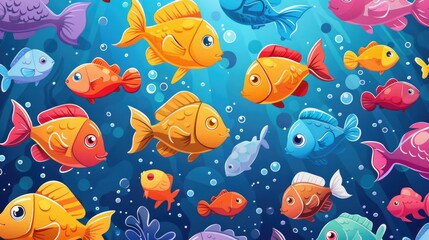Naklejka premium Many colorful cartoon fish swimming together, ideal for underwater-themed backgrounds.
