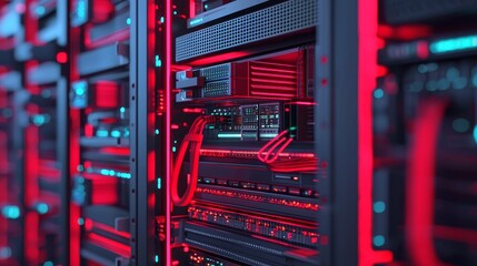 Red-lit server racks in a data center with advanced technology.