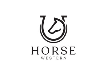 Obraz premium horse head with horseshoe logo design. linear style luxury icon vector