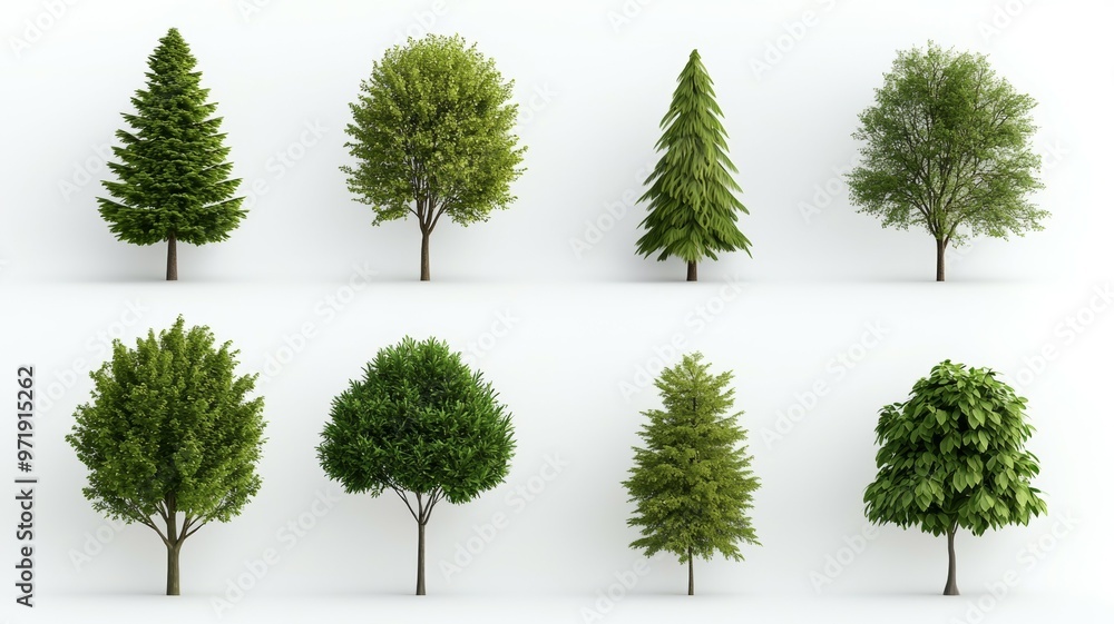Poster a collection of trees in various sizes and shapes are shown in a row