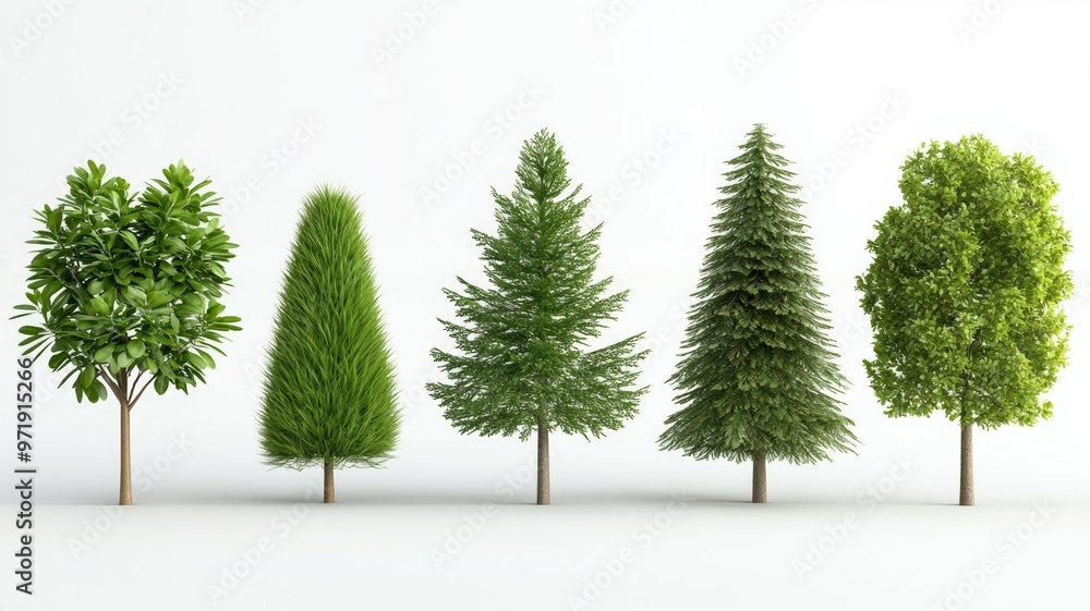 Poster a row of five trees, each with a different shape and size