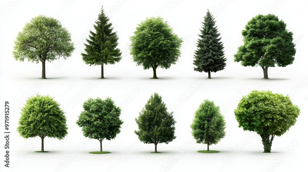 Poster a row of trees are shown in various sizes and shapes
