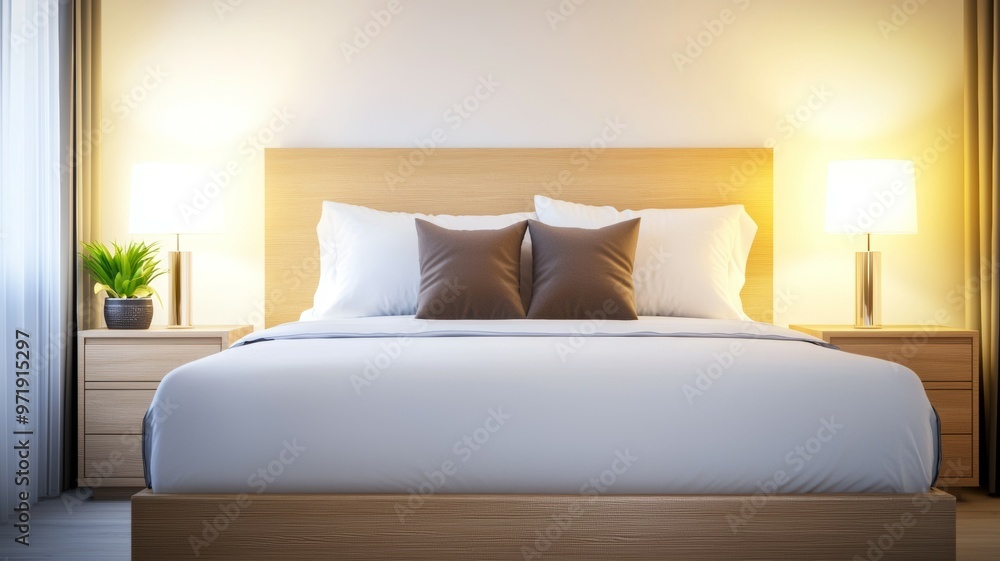 Sticker A bed with a white sheet and brown pillows