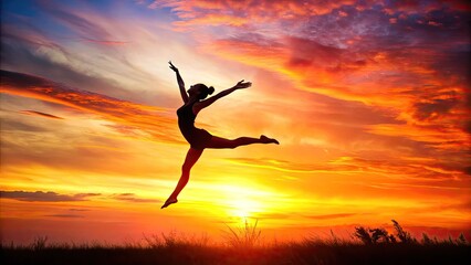 Silhouetted figure in mid-air, legs spread wide apart, capturing freedom and confidence, against a warm sunset background with vibrant orange and pink hues.