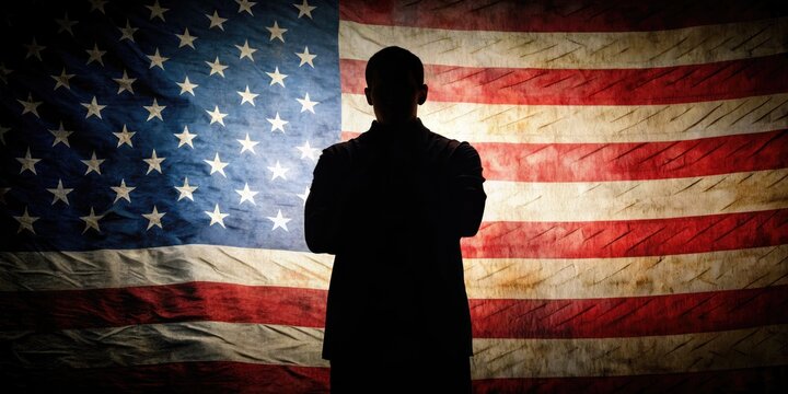 Silhouetted figure stands defiantly with arms crossed, refusing to speak, amidst subtle American flag and Constitution background, symbolizing right to remain silent.