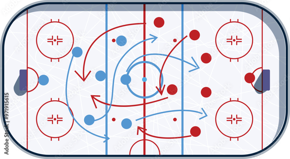 Poster hockey coaches use diagrams with arrows showing designed plays and movements of players and the puck