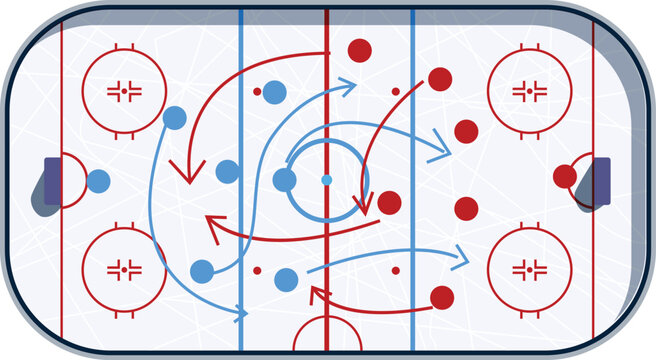 Hockey coaches use diagrams with arrows showing designed plays and movements of players and the puck during a game