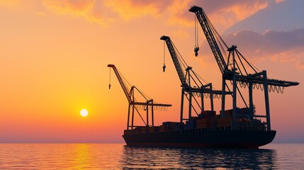 Obraz premium Cargo ship cranes at sunset near harbor, loading goods onto container ship. Concept of global trade, shipping, and logistics industry.