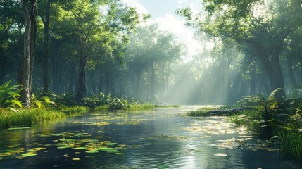 Obraz premium Serene forest landscape with a tranquil waterway and sunlight.