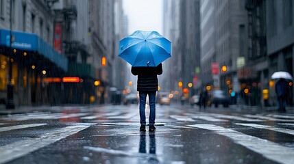 Fototapeta premium Person holding a blue umbrella standing in the middle of a rainy city street. Concept of solitude, weather, and urban life
