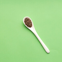 Salvia Hispanica - Organic fresh chia seeds in spoon. green color background