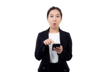 Fototapeta premium Portrait young asian businesswoman in suit gesture surprised while looking smartphone isolated white background, business woman excited with amazed while looking smart phone, business concept.