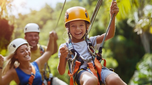 A family on an adventure trip, zip-lining through a tropical forest, with children laughing and parents enjoying the adrenaline rush.