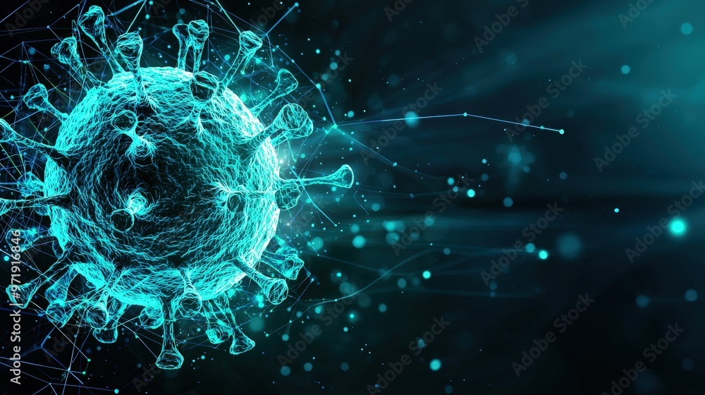 Poster a virus attacking a cell, with detailed structure and interaction